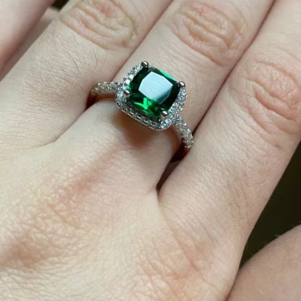 New Silver 925 Square Green Diamond Ring